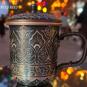 Pattern Random Vintage Pure Copper Mug,With lid Beer Cup,Handcrafted Carving Unique Flower Texture Art Gift Coffee Mug Tableware 1