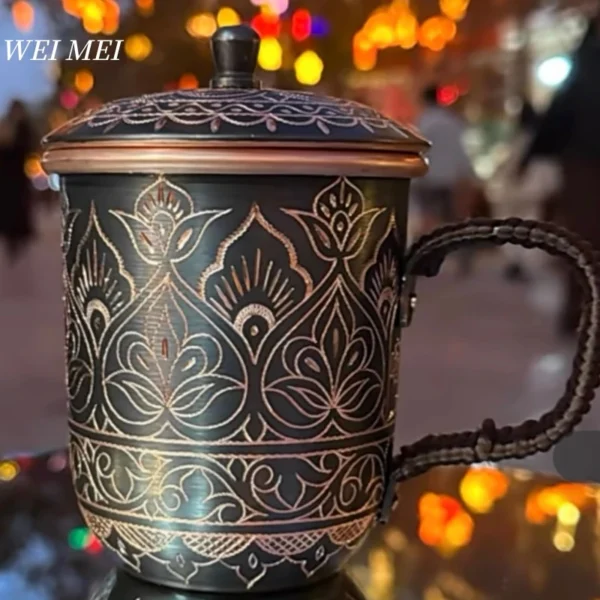Pattern Random Vintage Pure Copper Mug,With lid Beer Cup,Handcrafted Carving Unique Flower Texture Art Gift Coffee Mug Tableware 1