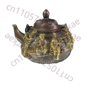 Chinese Folk Collection of Old pure copper teapot with gilded relief of the Eight Immortals wine pot 1