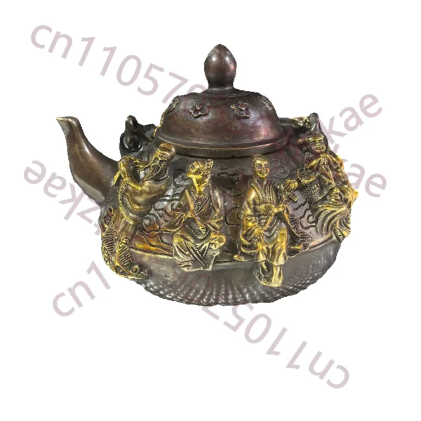 Chinese Folk Collection of Old pure copper teapot with gilded relief of the Eight Immortals wine pot 1