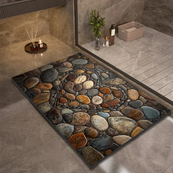 Stone Design Diatomite Bath Mat, Absorbent Quick-Dry Non-Slip Shower Foot Mat, Washable Toilet Rug & Bathroom Doormat