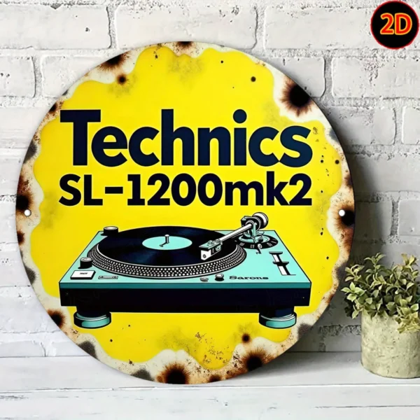 2D Flat, Vintage Technics SL-1200mk2 Metal Wall Art Sign - Retro Aluminum Circular Plaque with Vibrant Yellow & Black Design, 20