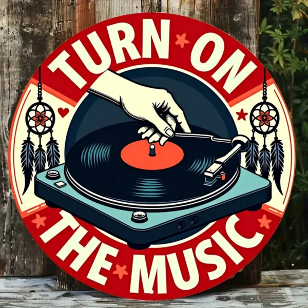 2D Flat, Music Turntable Plaque: Turn on the Music. Round Iron Plaque with Vintage Record Player Design, Perfect for Retro Music