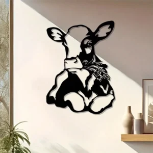 Vintage Metal Wall Art Rustic Calf Wheat Cutout Black White Farmhouse Decor Indoor Outdoor Waterproof Rustproof Christmas Gift