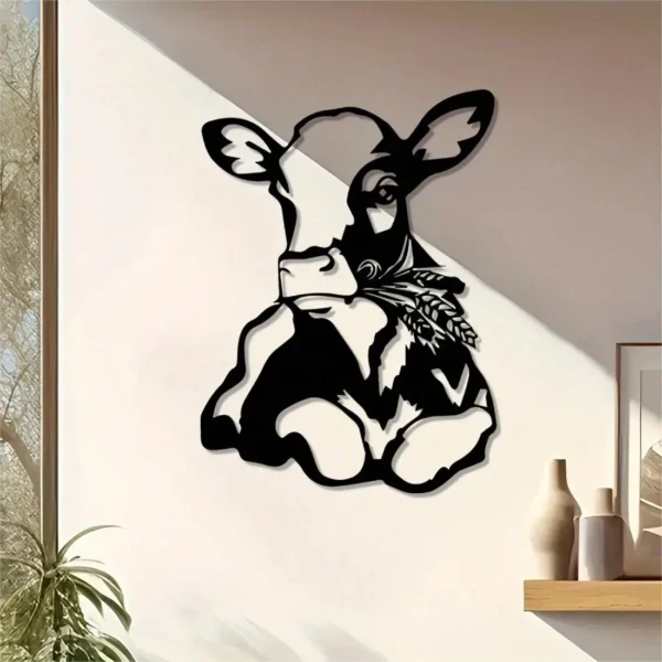 Vintage Metal Wall Art Rustic Calf Wheat Cutout Black White Farmhouse Decor Indoor Outdoor Waterproof Rustproof Christmas Gift