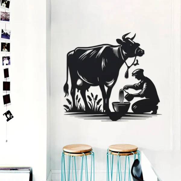 Elegant Farmhouse Metal Wall Art, 1pc Iron Craft Vintage Cow and Farmer Silhouette, Rustic Wall Decor Sign for Home Office