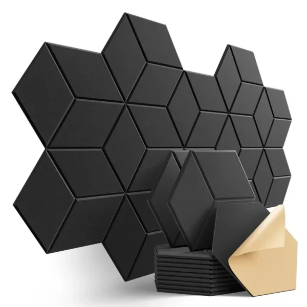 12 Pack Hexagonal Self-adhesive Acoustic Panels Sound Proof Foam Panels Y-Lined Design to Absorb Noise Eliminate Echoes Black