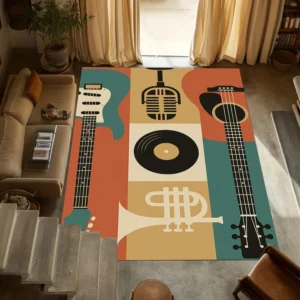 Retro Music Instrument Guitar Printed Carpet Living Room & Bedroom Decorative Carpet Area Anti-skid Floor Mat Rug